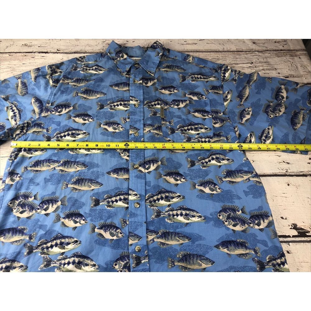 Columbia Shirt Mens Large Blue Fish All Over‎ Print Button Short Sleeve Casual - Picture 7 of 11